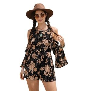 Cold Shoulder Floral Romper - Black Velvet Burnout - Moody Romantic - Size Small